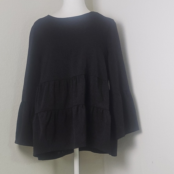 COS A Line Womens Top Sz 8 Black 3/4 Gathered Sleeve Lightweight Wool Oversized - Picture 1 of 15